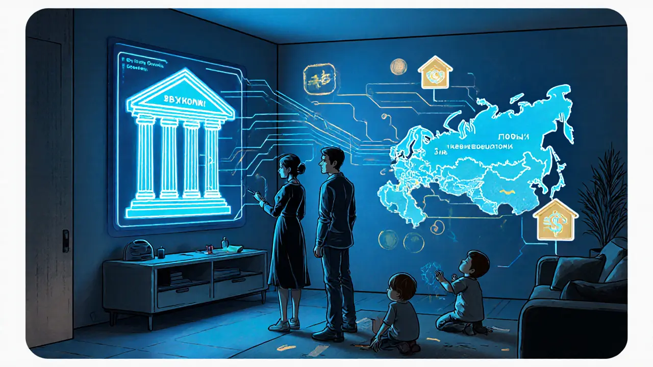 Семья смотрит на голографический экран с сообщением о быстром переводе денег, дети рисуют на стенах.