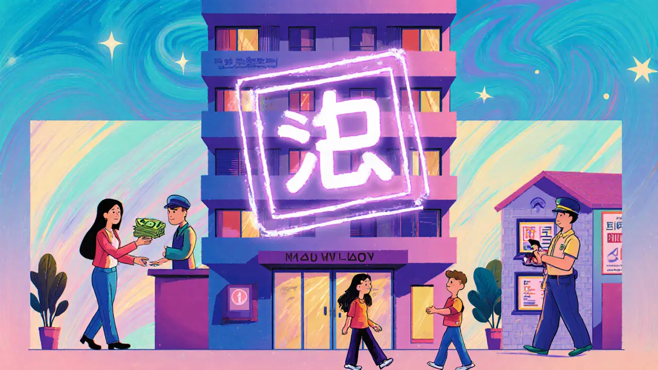 Семья входит в дом, над входом — светящийся сертификат, вокруг — символы банков и проверки жилья.