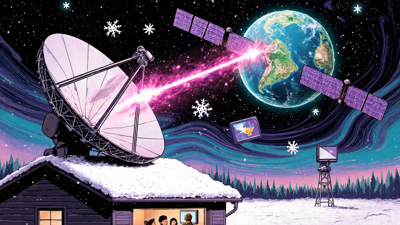 Спутниковая тарелка на крыше отправляет сигнал в небо, за окном — снег и звёзды.
