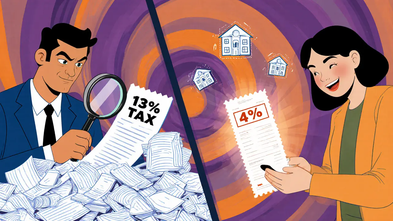 Сравнение: хаотичные бумажные документы с 13% налогом и чистый цифровой чек с 4% налогом в ярких психоделических тонах.