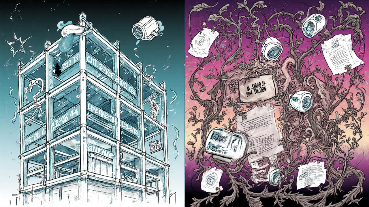 Сравнение реального и фальшивого строительства: с одной стороны — прогресс с датами и геометками, с другой — пустой участок и сломанные камеры.