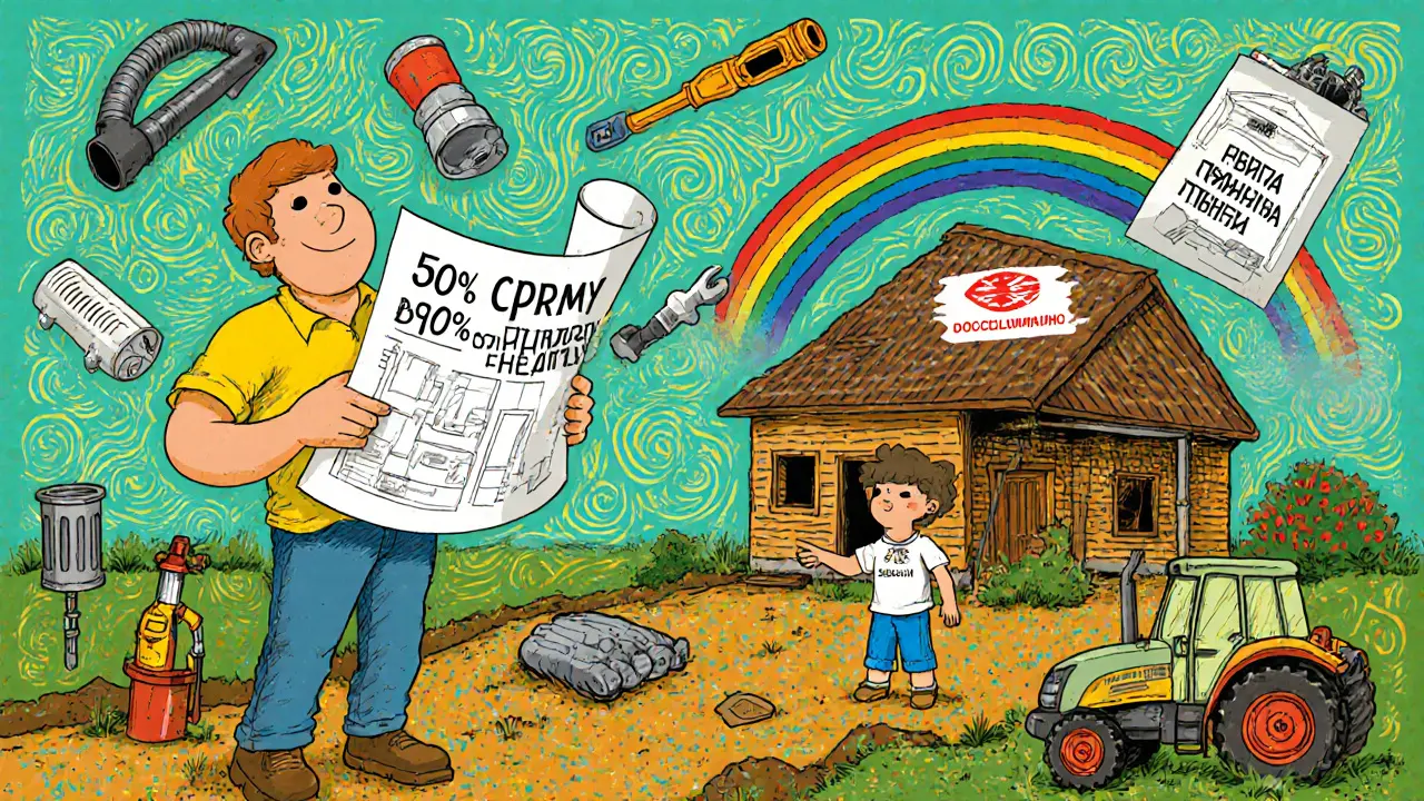 Строительство дома в деревне с частичной оплатой маткапиталом, рядом — газовая труба и логотипы банков.