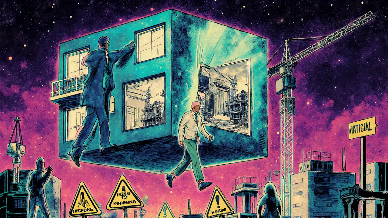 Виртуальный тур по квартире, которую еще не построили, с реальными фото стройки, проецируемыми в окна, пока застройщик пытается скрыть правду.