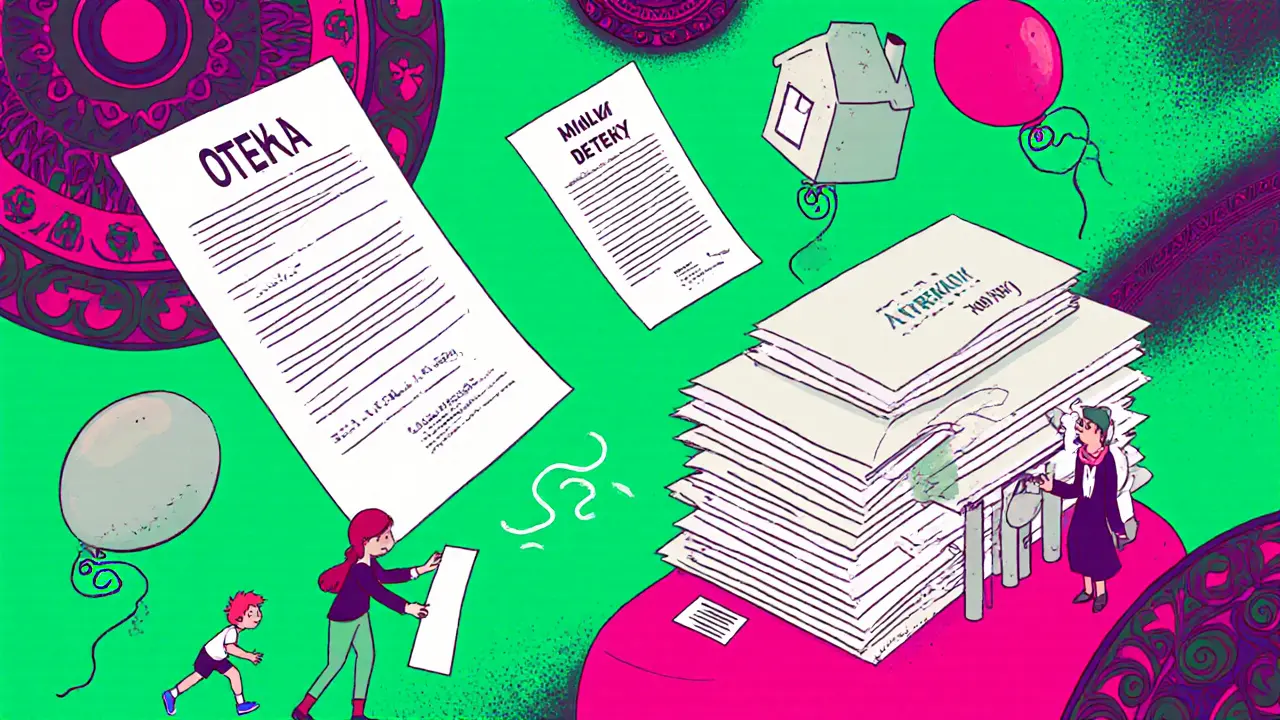 Женщина передаёт сертификат банку среди гигантских документов, дети играют с домиками.