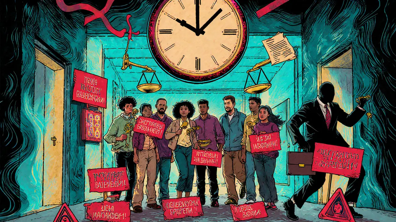 Жильцы стоят в доме без разрешения, вокруг них красные предупреждения, а застройщик убегает с чемоданом документов.