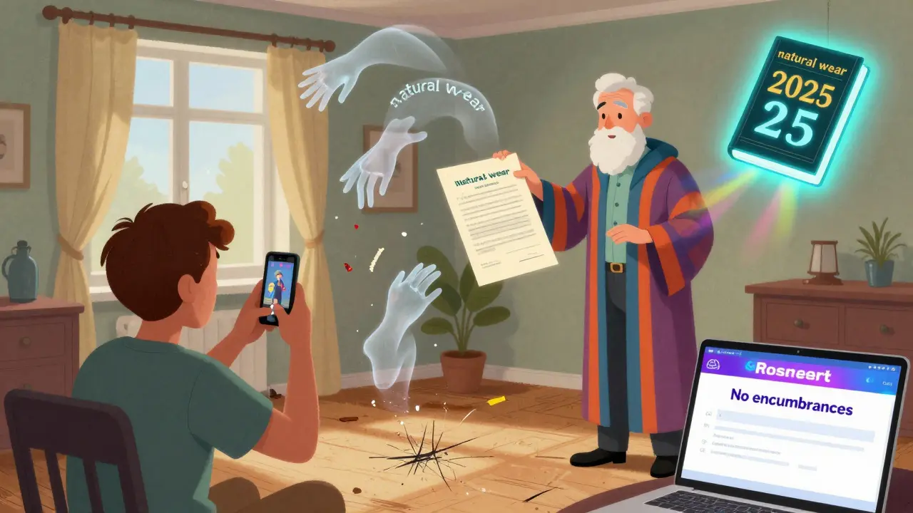 Арендатор фотографирует повреждения в квартире, арендодатель передает акт приёма-передачи, над ними — символы естественного износа и закон 2025 года.