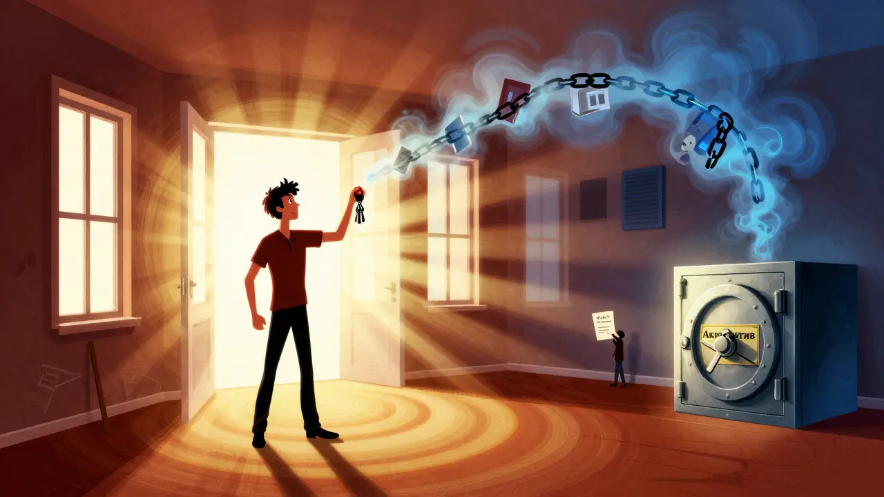 Человек получает ключи от новой квартиры, а старая цепочка исчезает в дыму в ярких цветах.