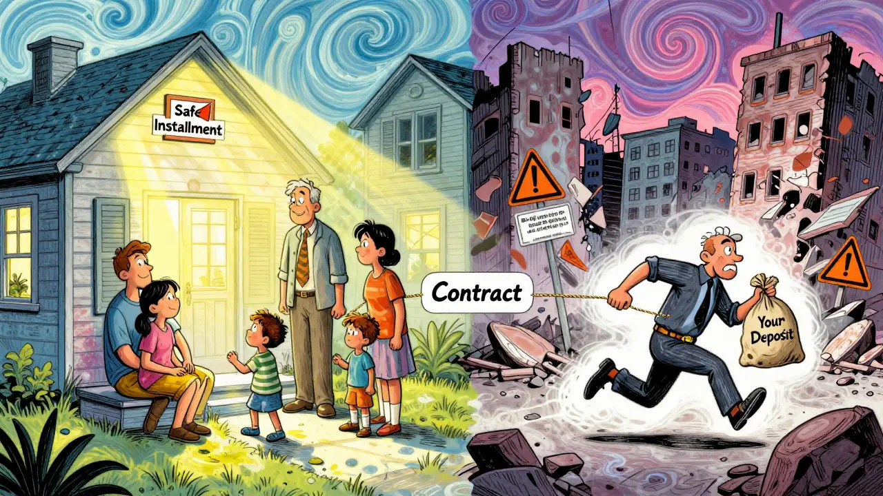 Два мира: безопасный дом с солнцем и разрушающийся дом с банкротом, соединённые хрупким договором.