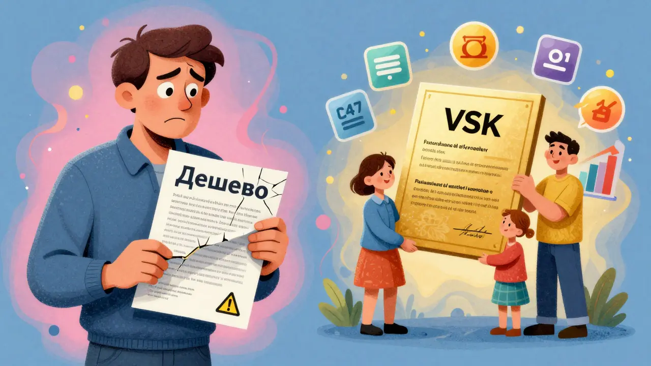 Два сценария страхования: дешевый полис с трещинами и надежный от ВСК, в ярком психеделическом стиле