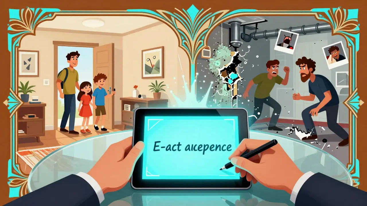 Электронный акт на планшете, за ним — два сценария: идеальная квартира и хаос с протечками и плесенью.