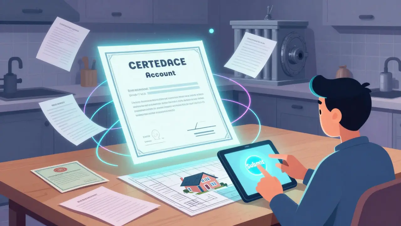 Электронный сертификат материнского капитала и документы на столе, соединённые психоделическими линиями с банковским счётом.