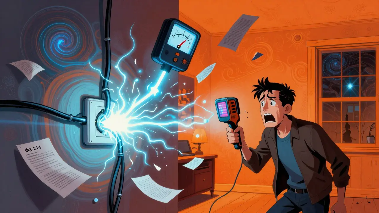 Электропроводка искрит, термокамера показывает холодные зоны, в комнате — психоделические узоры тепла и тока.