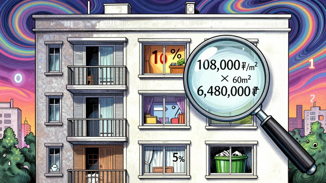 Фасад дома с окнами, где каждое окно показывает коэффициент корректировки цены.