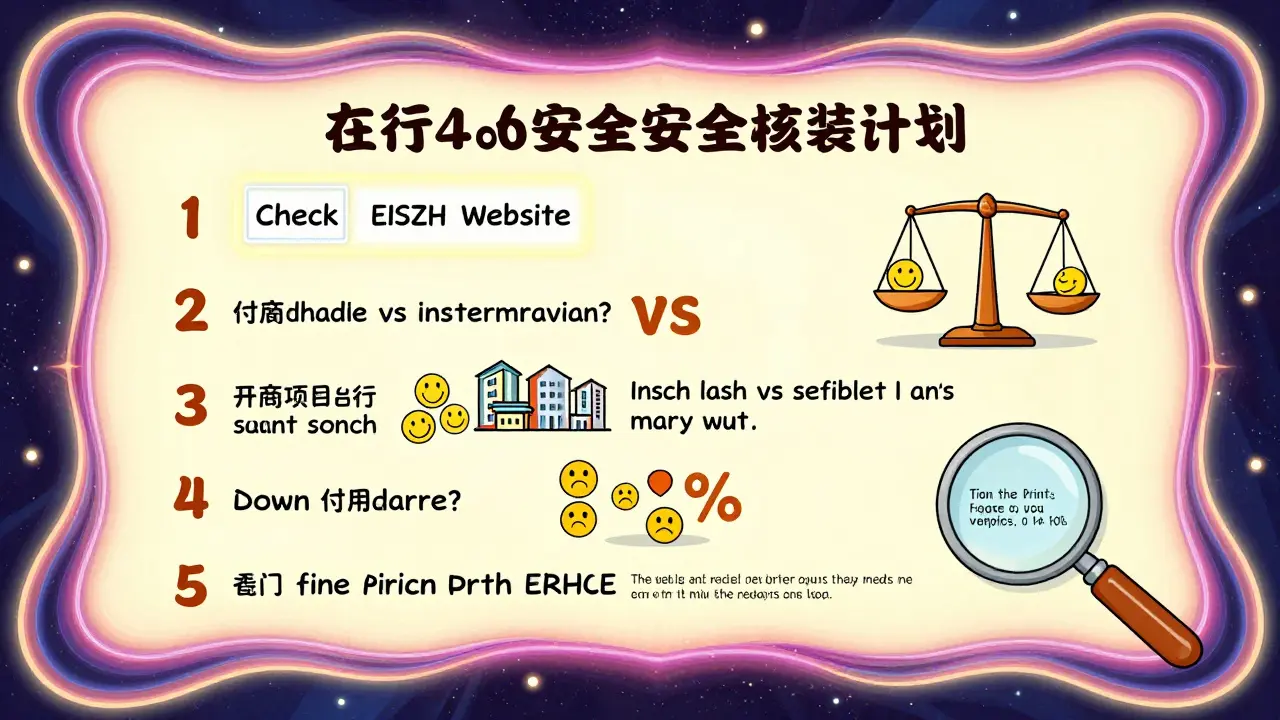 Иллюстрация пяти шагов выбора безопасной рассрочки: проверка застройщика, сравнение цен, расчет первоначального взноса и чтение мелкого шрифта.
