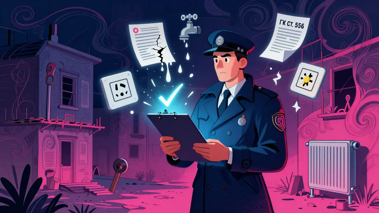 Инспектор проверяет квартиру, вокруг него плавают анимированные дефекты: течь, холодный радиатор, неисправная розетка.