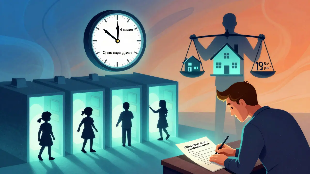 Квартира с выделенными долями для детей, над ней — часы и правило 18 м² на человека, символизирующее новые требования 2025 года.