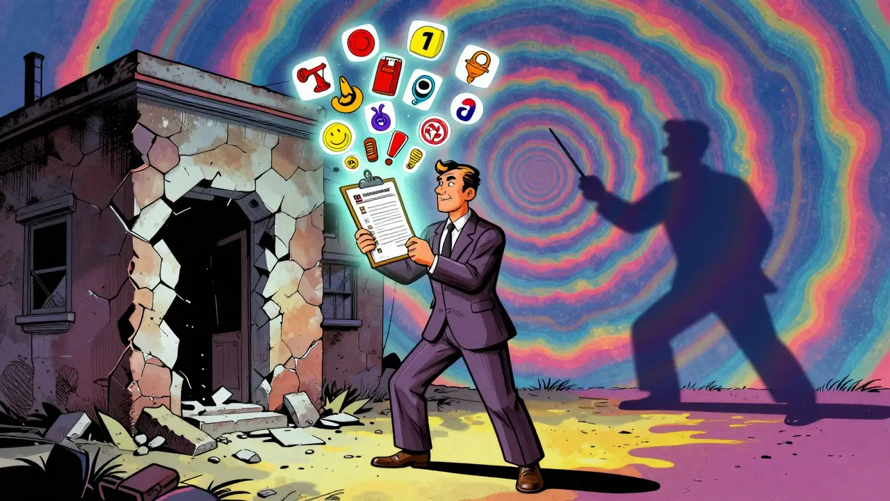 Оценщик с документами, вокруг него — параметры страхования, тень агента пытается их уменьшить.