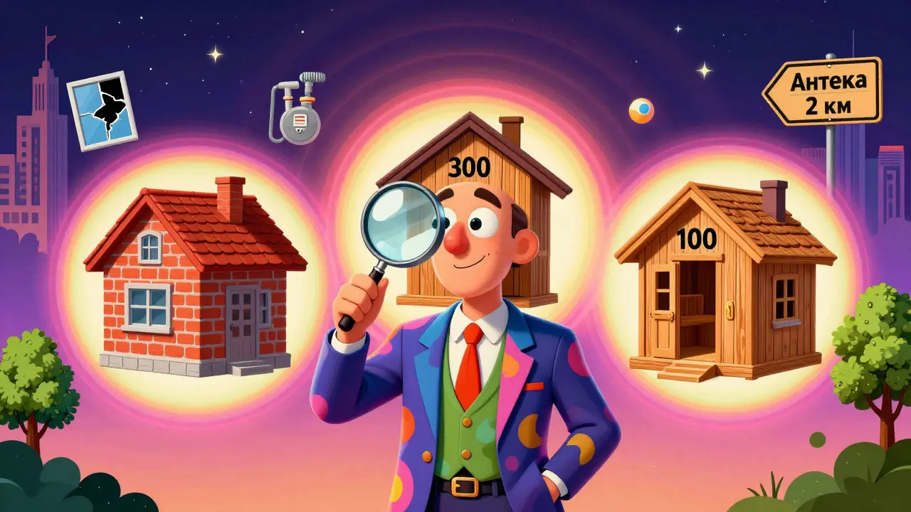 Оценщик с лупой сравнивает три дома с плавающими значками коммуникаций и состояния, в ярком психоделическом стиле.