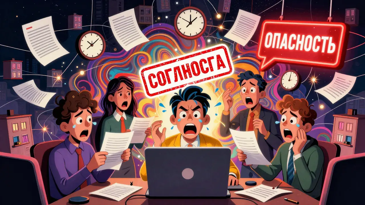 Паническое видеосовещание с юридическими документами и горящими часами в стиле 60-х.