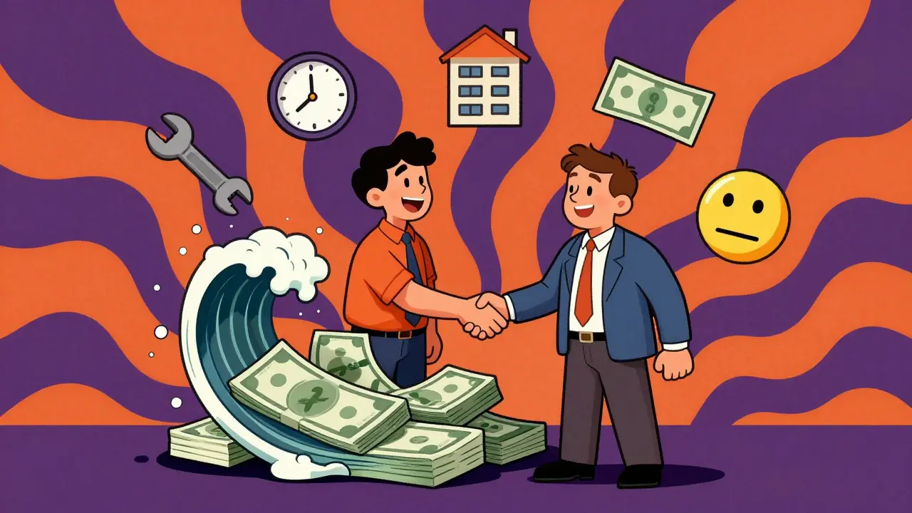 Покупатель и продавец пожимают руки над стопкой денег, вокруг — символы сделки: часы, гаечный ключ, наличные.