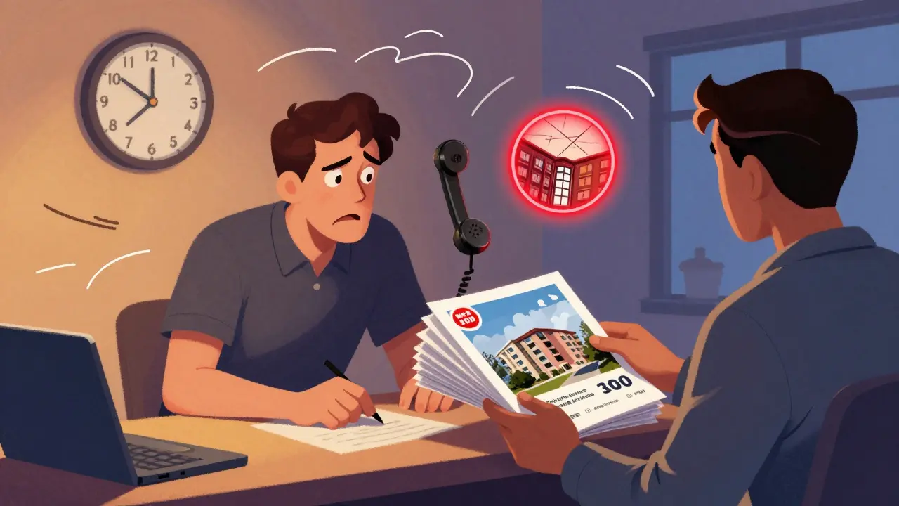 Продавец смотрит на часы, покупатель показывает фото аналогичных квартир с более низкими ценами.