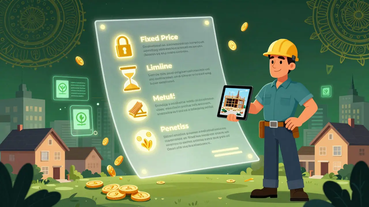 Прозрачный договор с символами цены, сроков и материалов, рядом — строитель с планшетом и цифровыми метками.