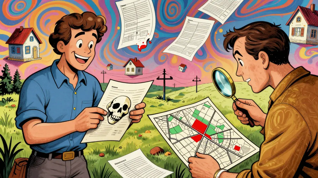 Разделённая сцена: мошенник передаёт документы с тайным риском, а покупатель внимательно изучает кадастровую карту с зонами ограничений.