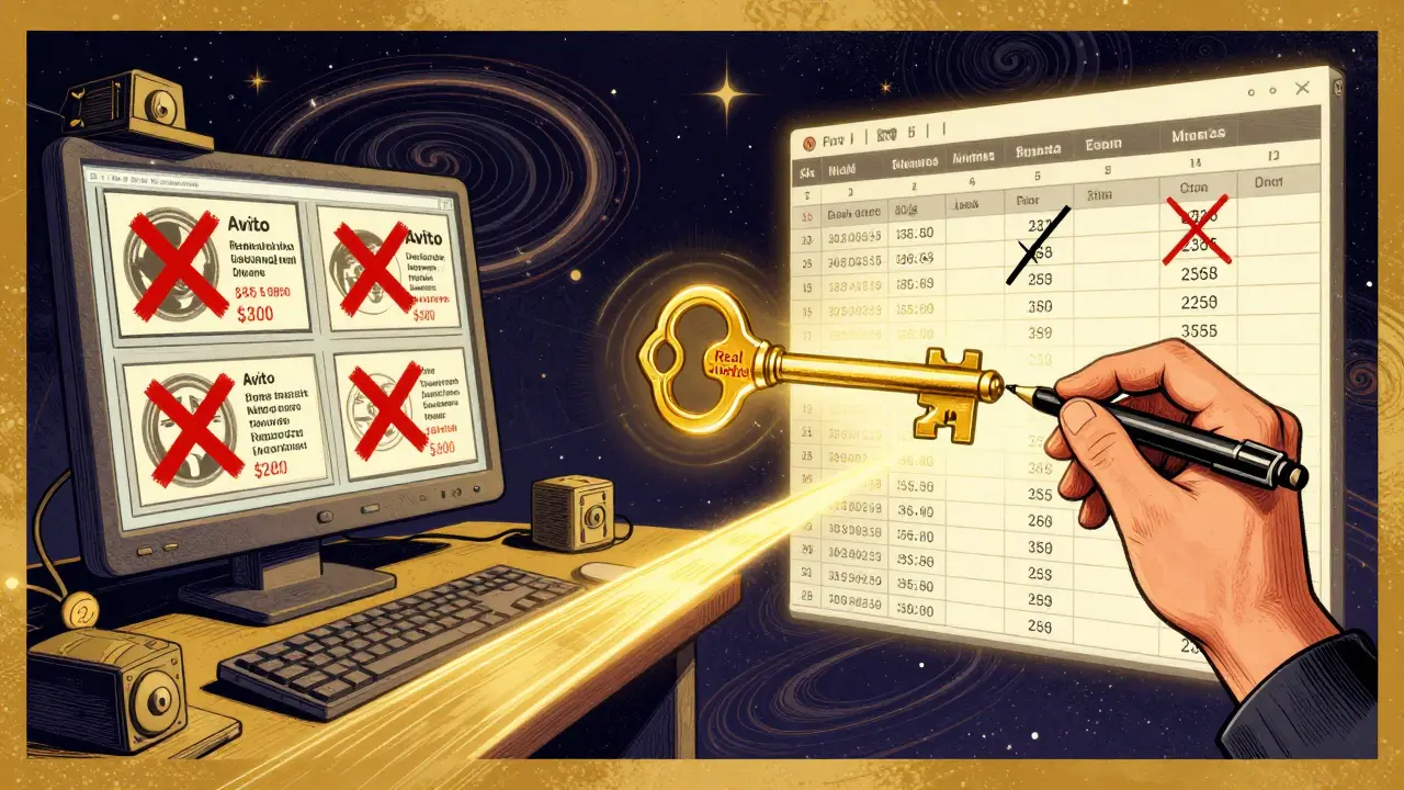 Разделённая сцена: слева — завышенные объявления, справа — точный расчёт реальной стоимости.