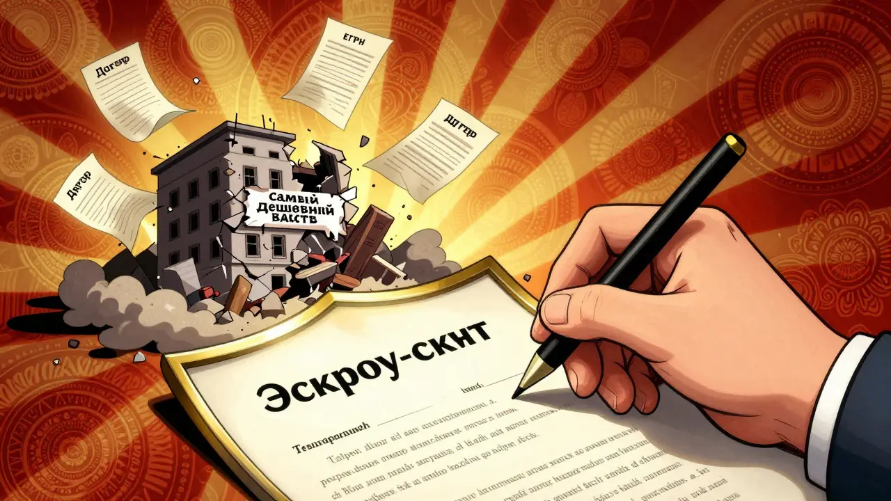 Рука подписывает договор под защитой эскроу-счета, а дешевый дом рушится.