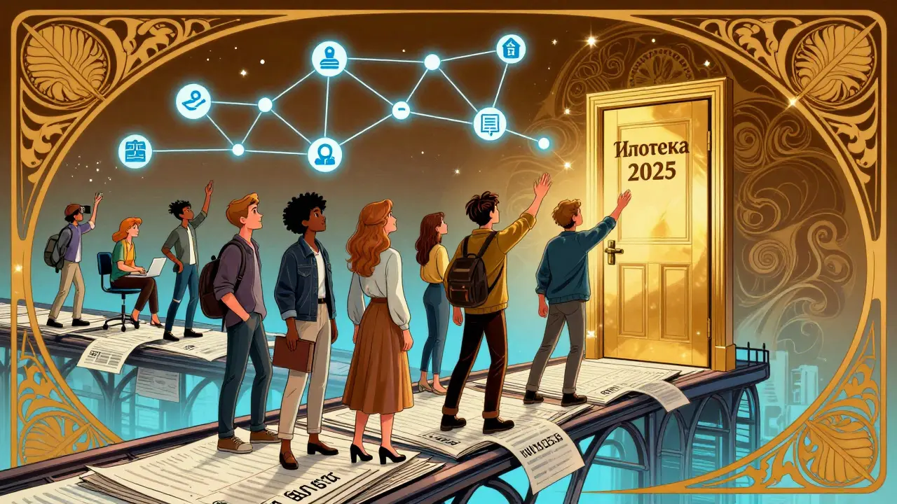 Самозанятые идут по мосту из документов к двери ипотеки, над ними — символы поддержки: маткапитал, аренда, история кредитов.