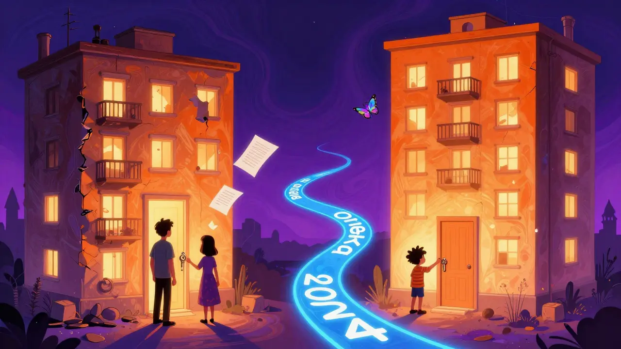 Семья перед двумя искажёнными квартирами, соединёнными неоновой дорогой, ребёнок держит ключ