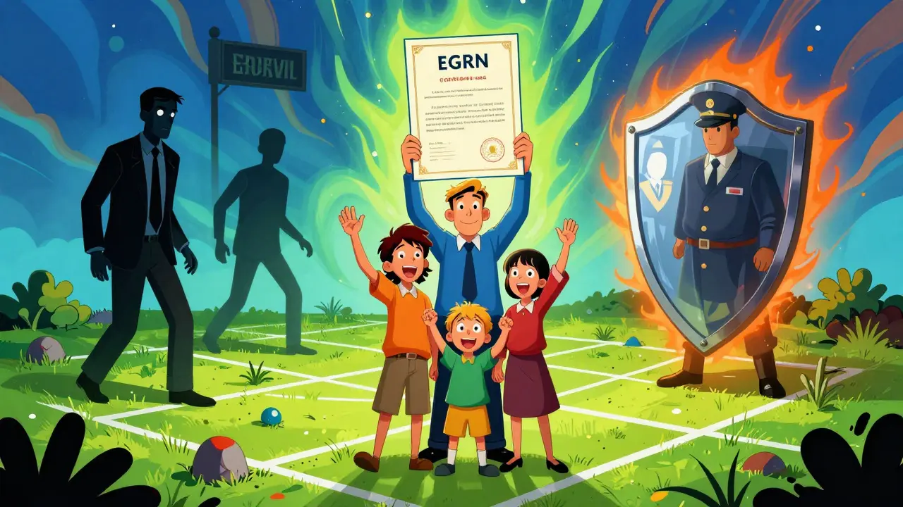 Семья стоит на чистом участке, а прошлые риски — аресты, долги и сервитуты — отталкиваются светящимся юридическим щитом.