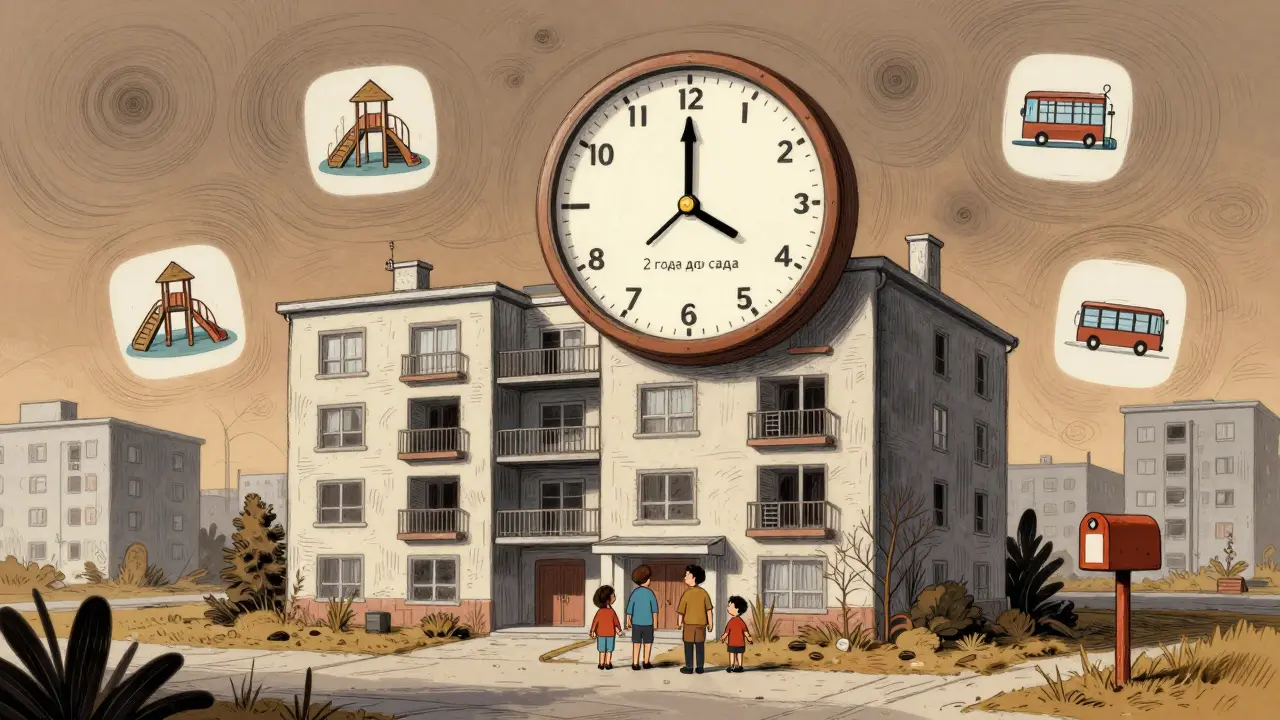 Семья стоит перед новостройкой, но рядом нет школы, аптеки или транспорта.