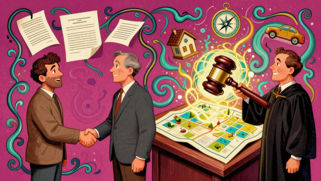 Соседи заключают соглашение, рядом — карта и судейский молот в психоделическом стиле.