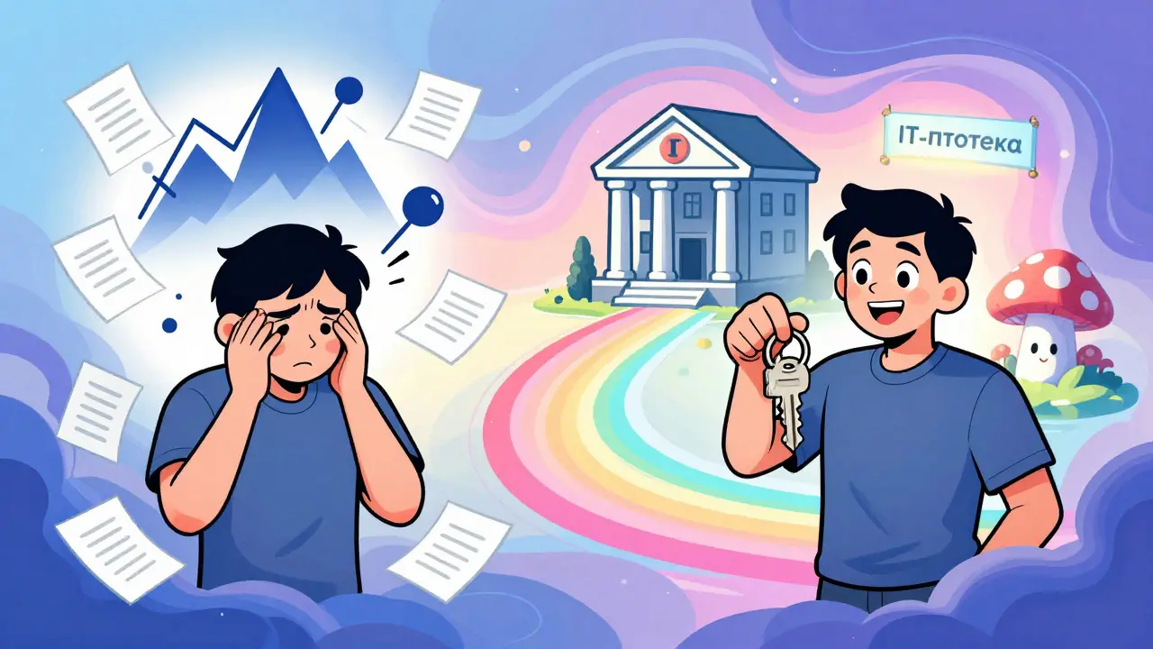 Сравнение: хаотичный доход слева, стабильный путь к ипотеке справа, с радужной дорогой и дружелюбным банком.