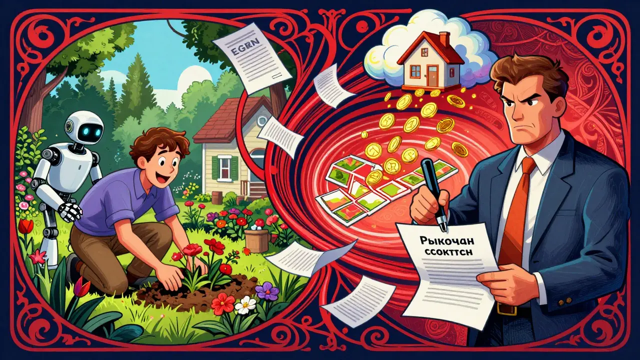 Сравнение: хозяин садит цветы, а робот и чиновник оценивают дом, фон — вихрь документов и красных линий, психоделический стиль.