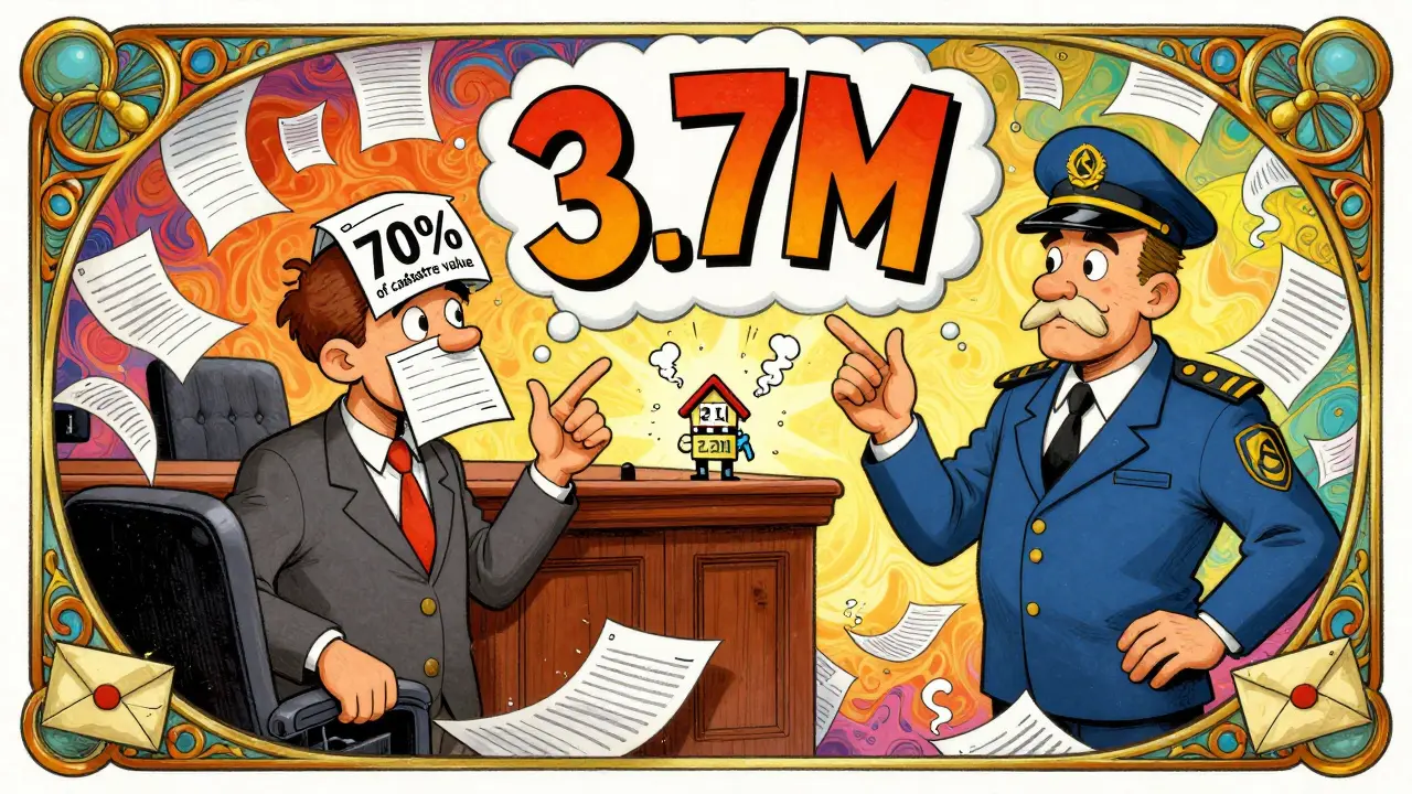 Судебная сцена с налоговым инспектором и цифрами кадастровой стоимости, в ярком психоделическом стиле.