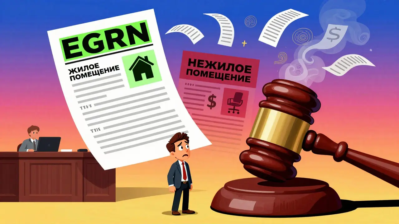 Судебное заседание с документом ЕГРН, разделяющим жилое и нежилое помещение, в стиле психоделической иллюстрации.