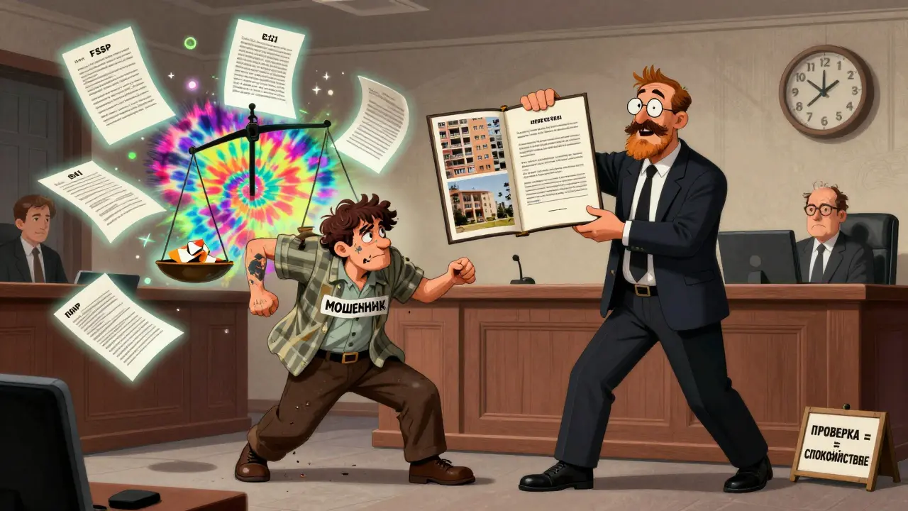 Судебное заседание: владелец с доказательствами побеждает мошенника, документы светятся в психоделическом стиле.