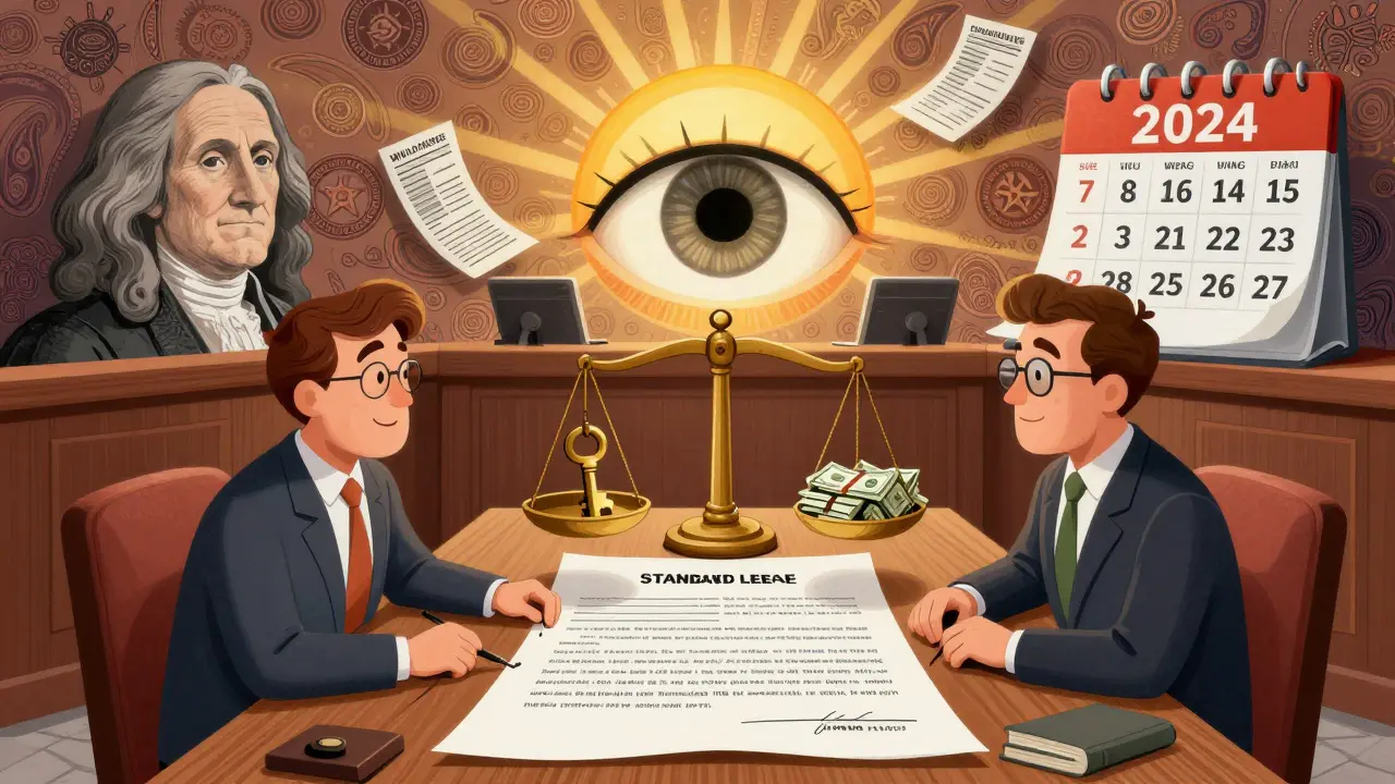 Сurrealist courtroom с балансом прав арендатора и арендодателя, на фоне перехода к новому типовому договору аренды в 2025 году.