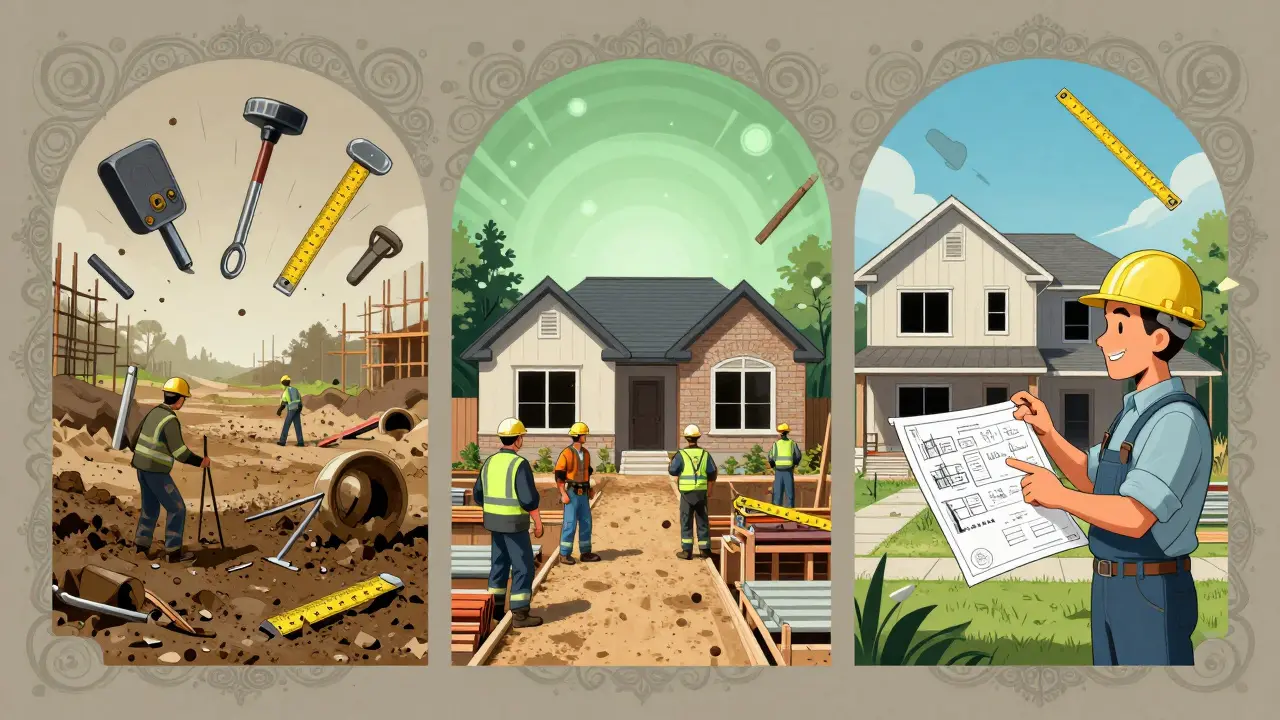 Три стройплощадки: хаос, порядок и готовый дом — визуальное сравнение качества.