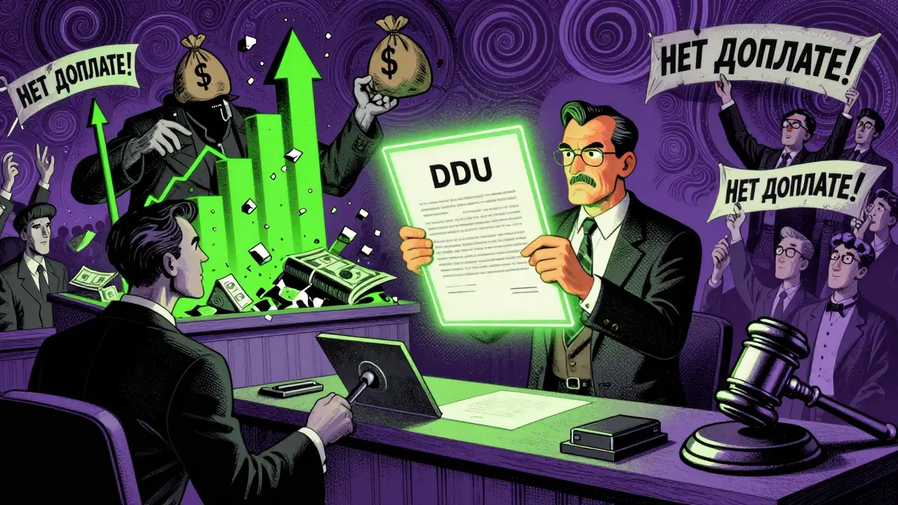 Юрист защищает покупателей от застройщика, сделанного из растущих цен, в психоделическом суде.