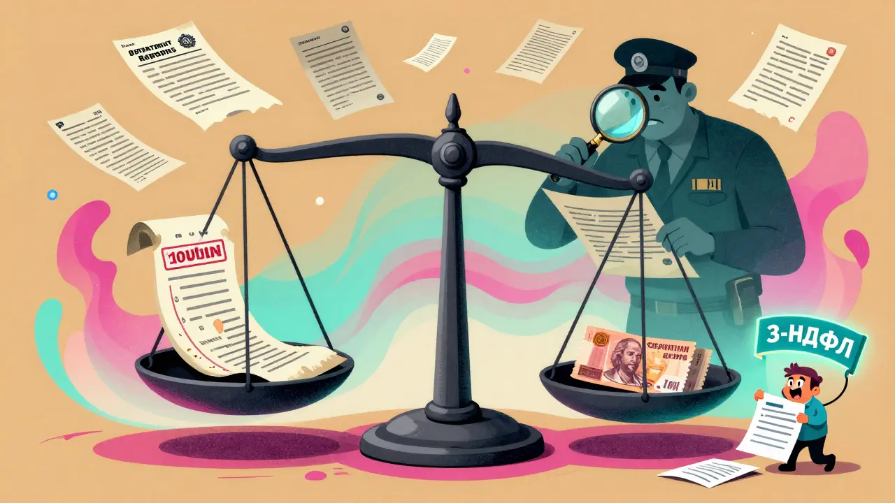 Весы: чек на ремонт против налогового вычета в 1 млн рублей, фон — юридические документы.