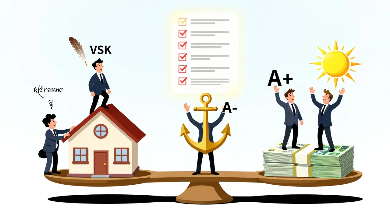 Весы с домом и деньгами, где три страховые компании держат разные веса в стиле Веса Уилсона