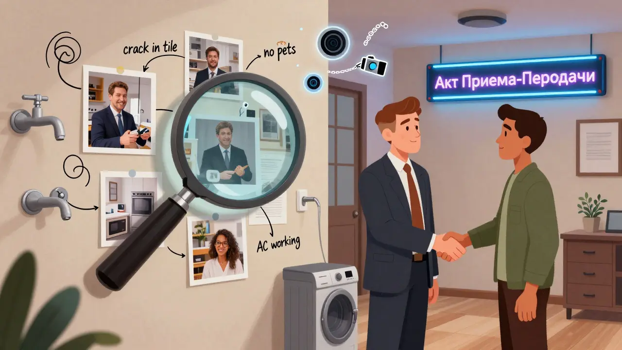 Внутренний осмотр квартиры с аннотированными фото, ландлорд и арендатор рукопожатие под светящимся актом.
