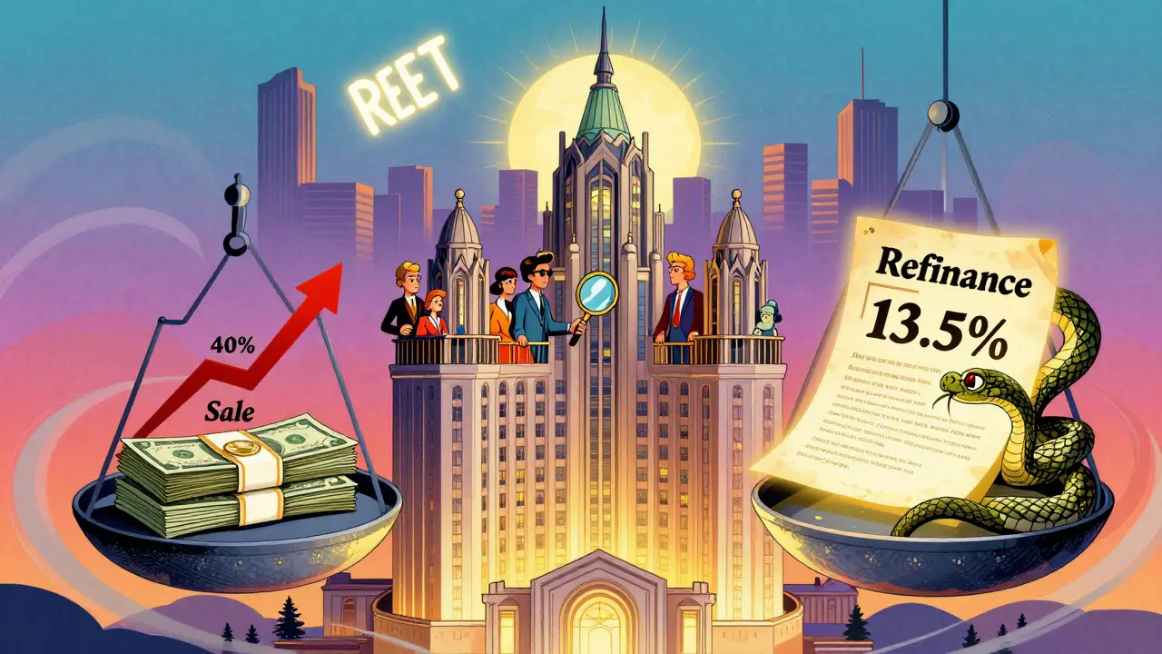 Апартаменты на весах: продажа vs рефинансирование, вокруг — символы инвестиций и психоделические линии.