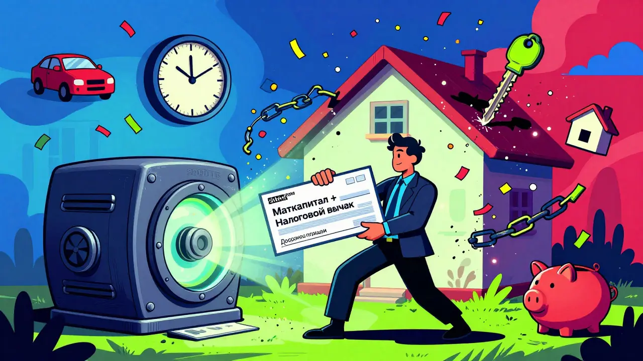 Человек кладёт чек в сейф, долг исчезает, вокруг — символы маткапитала и времени, яркие психоделические цвета.