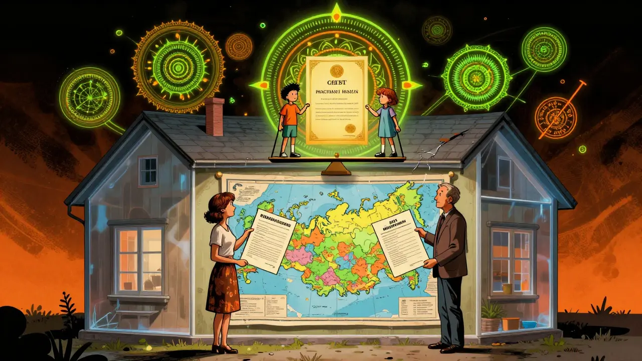 Дом с прозрачными стенами, где родители делят ипотеку, а дети стоят на весах с сертификатом.