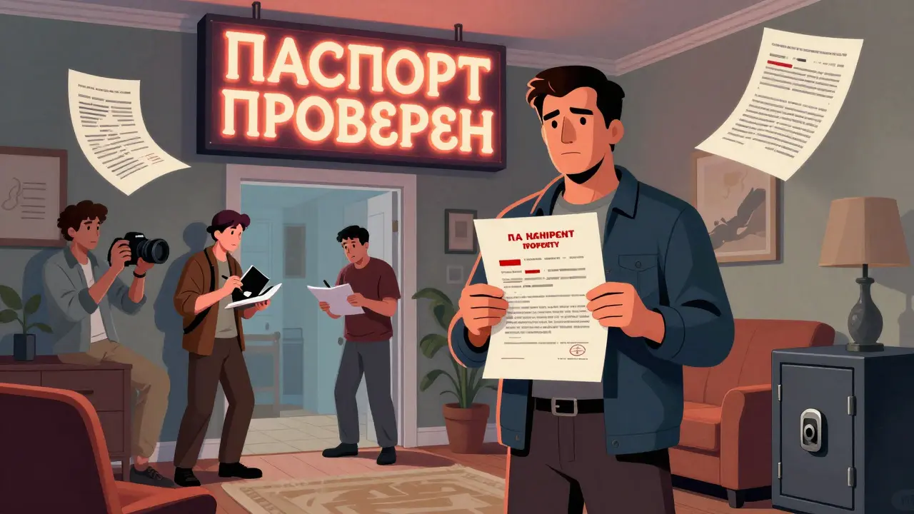 Домовладелец показывает закрытую копию документа на собственность, посетители стоят у двери с заметными признаками подозрительности.