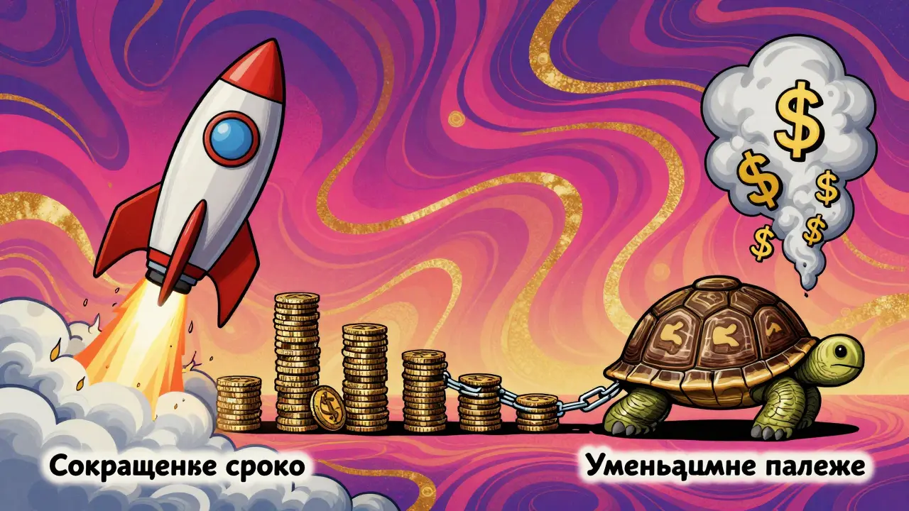 Два пути погашения ипотеки: ракета сокращает срок, черепаха тянет цепь процентов, стиль психоделической иллюстрации.